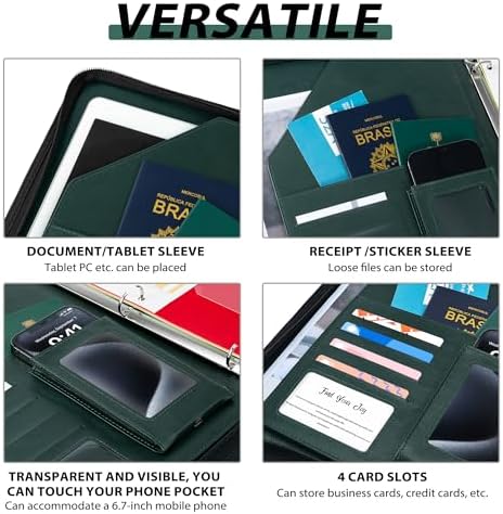 Ospelelf Leather Clipboard with Storage, Zippered Padfolio Portfolio Organizer, 3 Ring Binder 1 Inch, Notepad, Tablet Sleeve, 5 Dividers with Pocket for Office, Nurses,Students, Teachers Green - Image 4