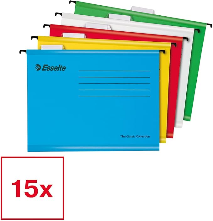 Esselte A4 Reinforced Filing Cabinet Suspension File, Pack 15 Made from Strong 100% Recycled Card, with Tabs and Card Inserts, for Home, Office, School Organisation, Assorted Colours - Image 2
