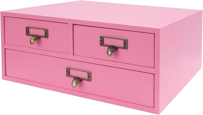 Stackable Wooden Desk Storage Box, 12 Drawers Tabletop Organizer, Pink | 4-Pack Countertop Apothecary Cabinet, Vintage Library Card Catalog Storage Cabinet with Metal Label Handles for Office Home - Image 6