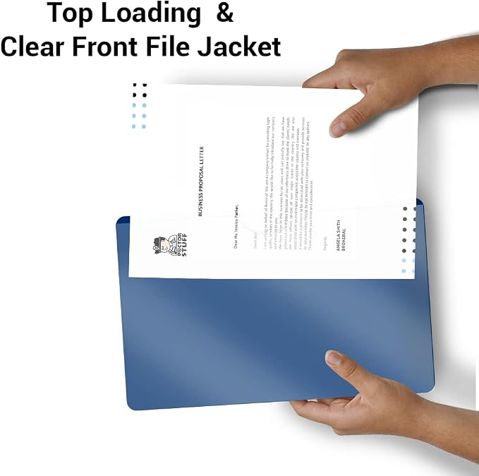 Doctor Stuff- 50 Pack, Vinyl Plastic Pocket File Folders Closed Sides, Legal Size, Clear Front Top Loading Job Jacket, Documents Holder for Office, High School and Medical Files, Navy Blue - Image 5