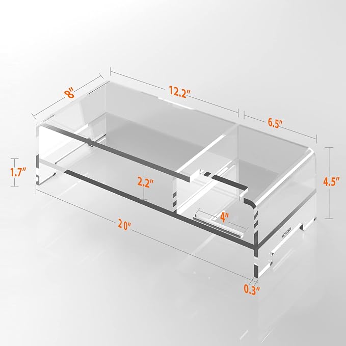 BEYGORM Acrylic Monitor Stand for Full Keyboard, 20" Wide 2-Tier | Clear Riser with Storage Shelf and Phone Holder, Desktop Organizer for Laptop, Printer & Screen - Image 2