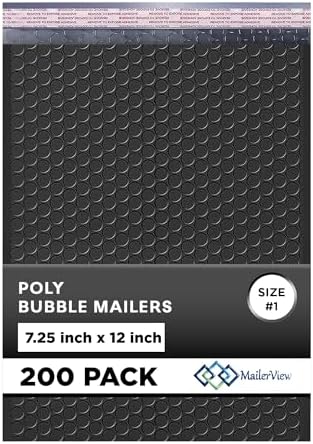 Jet Black Bubble Mailers 7.25x12 Poly Padded Envelopes #1, 200 Pack by MAILERVIEW