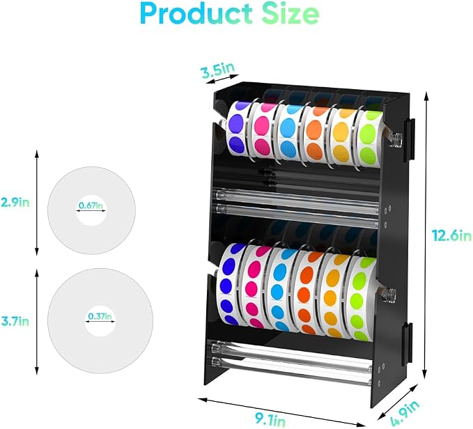 Adjustable Label Dispenser - 12 Disks Acrylic Sticker Roll Dispenser(Black) | Multi-Use Double-Layer Stable Sticker Roll Holder, Label Holder Sticker Holder Organizer, Desktop Label Stand for Home Office - Image 2