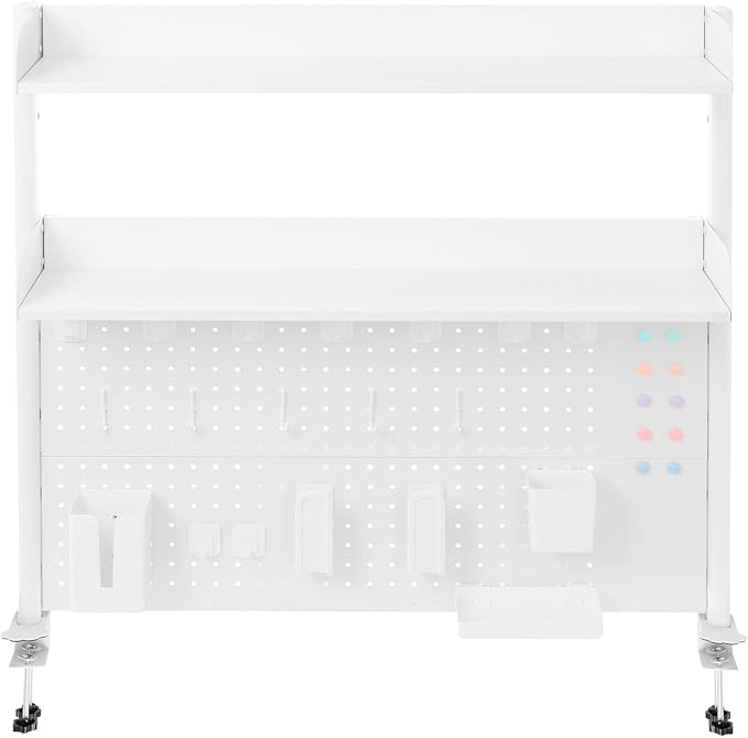 Clamp-On Pegboard Desk Organizer, 2-Tier Clamp On Desk Shelf with Hooks, Office Accessory Organizer for Books, Office Supplies & DIY Storage, 16.5lbs Capacity, 39.37" x 37.4", White - Image 5