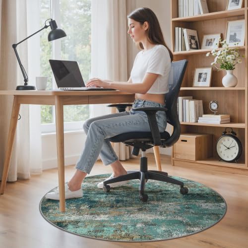 5FT Round Office Chair Mat for Hardwood Floor, Non-Slip Washable Teal Blue - Image 2