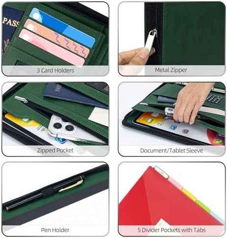 Ospelelf Green Clipboard with Storage 3 Binder Leather Portfolio Folder with Zipper, 12.1” Tablet Sleeve, 5 Dividers with Pocket, Refillable Notepad, Card Slot - Image 4