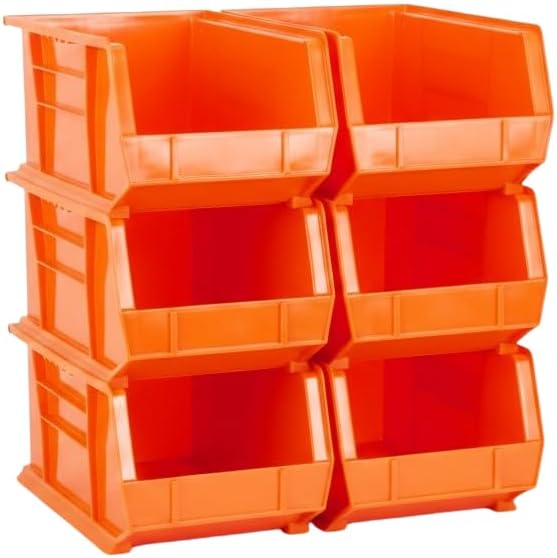 15" x 8" x 7" (6 Pack) Plastic Stackable Storage Bin, Orange by HudsonExchange