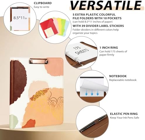 Ospelelf Leather Clipboard with Storage, Zippered Padfolio Portfolio Organizer, 3 Ring Binder 1 Inch, Notepad, Tablet Sleeve, 5 Dividers with Pocket for Office, Students, Teachers Abstract Brown - Image 3
