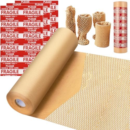 Honeycomb Packing Paper, MINHAO 15"x100ft Eco Friendly Packing Paper for Moving Recyclable Honeycomb Paper Moving Supplies Bubble Paper Wrapping Protective Roll, With 36 Fragile Sticker Labels by MINHAO