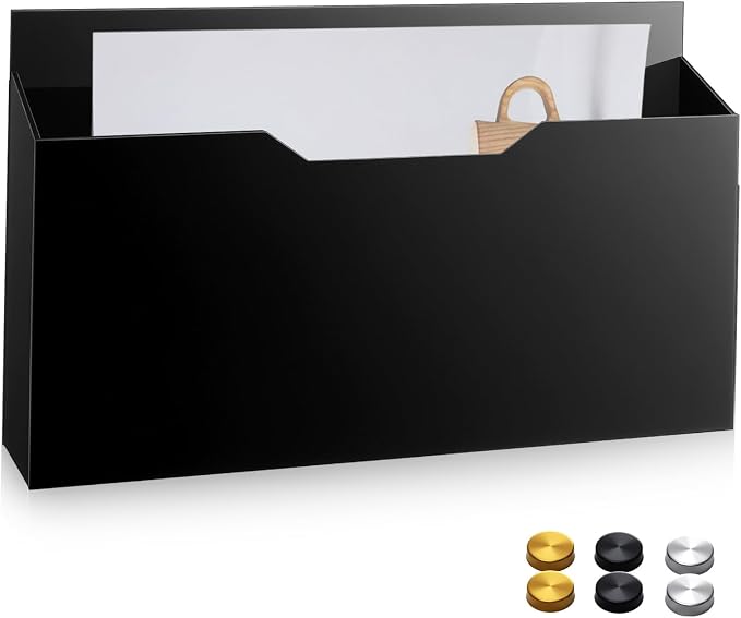 Feifeiya 1 Pack 14"x8.3"x2.4" Black Acrylic Wall File Holder Organizer Wall Mount Magazine Document Brochure Mail Pocket Durable File Storage with 3 Colors Screw Cap for Office Home Waiting Room Use by Feifeiya