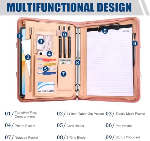 Padfolio Portfolio Binder with Handle, 3-Ring Folder Organizer, Vegan Leather Portfolio with Notepad Includes 5 Dividers with 10 Pockets for Documents Filesfor Documents Files and 1 Pen - Image 4