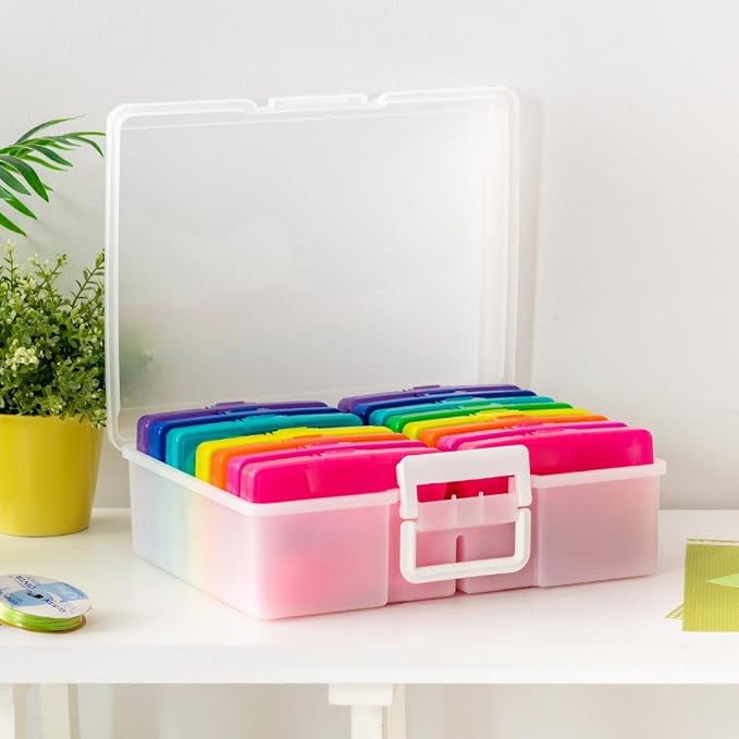 IRIS USA Photo Storage Box |Made in USA| 16 Cases - (2-Pack) - Clear/Multi | Fits 4" x 6" Pictures / Built-In Handle / Organizing Containers for Tasks, Stickers, Ephemera & Flashcards - Image 6