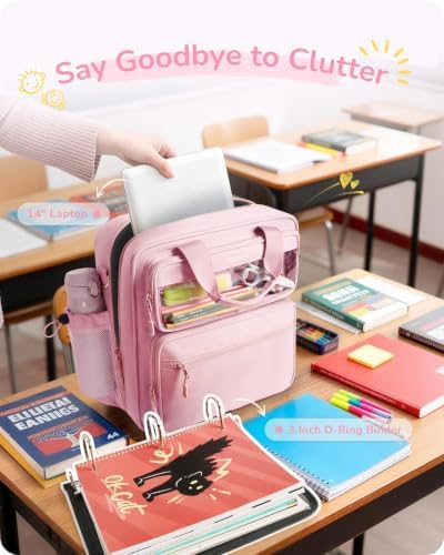 Zipper Binder 3 Ring with Ita Window, 3 Inch D-Ring Binder with Zipper and Strap Fits 14" Laptop, 600+ Sheets Capacity 3-in-1 Shoulder/Backpack/Handle Binder Bag for School Office Commute, Pink - Image 3