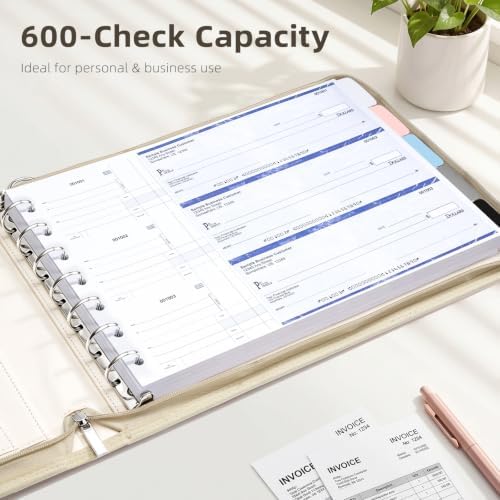 Ospelelf Beige Zippered 7 Ring Check Binder for Business Checks (9" x 13"), 1 Inch Faux Leather Checkbook Portfolio with Zipper Pouch, Professional Binder Organizer for Accountants, Home Use - Image 5