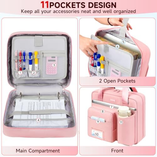 3 Ring Zipper Binder Bag, 3 Inch D-Ring 700 Sheet Capacity, Portable File Organizer with Removable Shoulder Strap & Multiple Pockets for School Office Travel Summer Study Back to School,Pink - Image 4