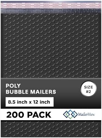 Jet Black Bubble Mailers 8.5x12, Poly Padded Envelopes #2, 200 Pack by MAILERVIEW