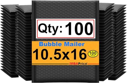 iMBAPrice 10.5x16 Inch Black Poly Bubble Mailers, 100-Pack – Large Self-Seal Padded Envelopes, Waterproof Bubble Shipping Bags for Tablets, Books & Mailing Supplies by iMBAPrice