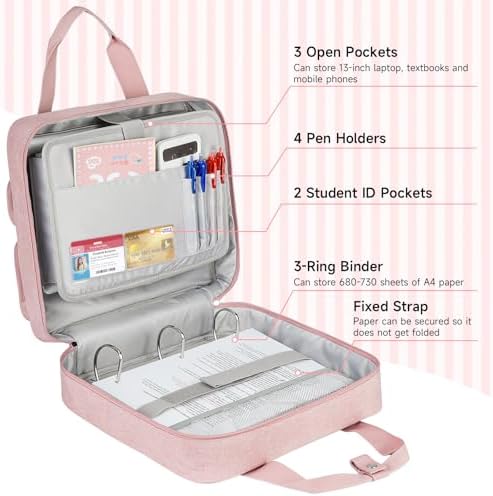 Zipper Binder 3 Ring, 700 Sheets Capacity, Binder 3 Inch with Shoulder Strap Fits 13 Inch Laptop for School and Office,Pink - Image 4