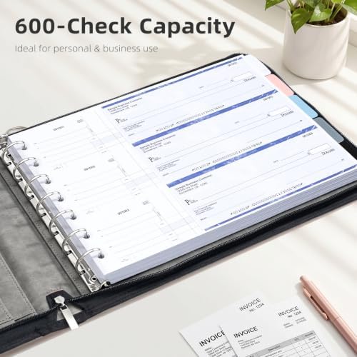Ospelelf Grey Zippered 7 Ring Check Binder for Business Checks (9" x 13"), 1 Inch Faux Leather Checkbook Portfolio with Zipper Pouch, Professional Binder Organizer for Accountants, Home Use - Image 5
