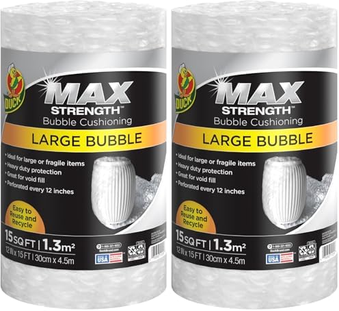 Duck Max Strength Bubble Cushioning Wrap for Moving&Shipping,15FT,Large Packing Wrap for Heavy Duty Protection Packaging Boxes,Clear Bubble Roll Moving Supplies,Perforated Every 12",(Pack of 2) by DuckBrand