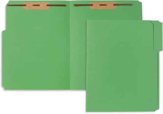 Blue Summit Supplies 50 Green Fastener File Folders, Letter, 2 Prong | Durable 11pt green paper, letter size, 1/3 cut reinforced tabs, bonded 2 prong fasteners, medical, law and office files by BlueSummitSupplies