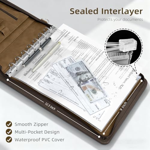 Ospelelf Brown Zippered 7 Ring Check Binder for Business Checks (9" x 13"), 1 Inch Faux Leather Checkbook Portfolio with Zipper Pouch, Professional Binder for Organizer Accountants, Home Use - Image 4