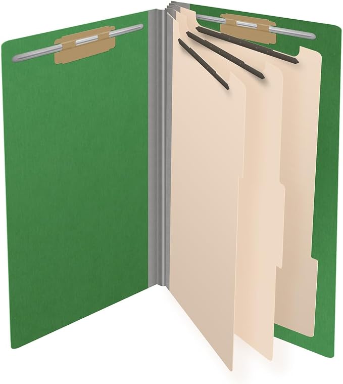 Ecom Folders End Tab Pressboard Classification Folders | Legal Size 25 Pt Type III Stock with 3 Dividers & 3" Tyvek Expansion | 2 Fasteners Pos 1 & 3 for Medical & Office Docs | Moss Green, Box of 10 - Image 4