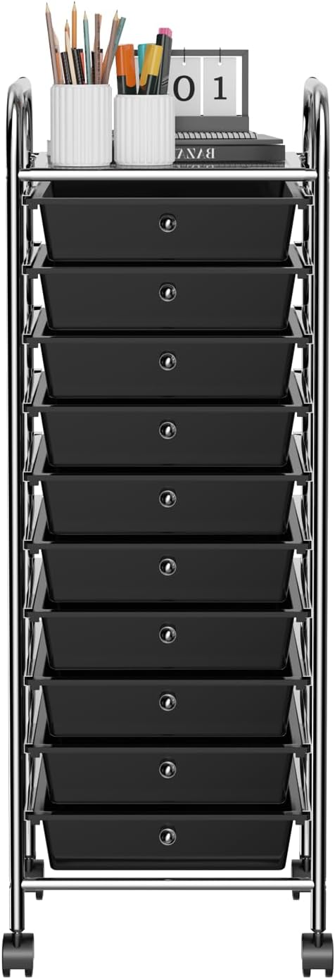 Storage Cart, Rolling Utility Cart with 10 Drawers, Portable Handles & Lockable Wheels, Mobile Paper Toys Storage Organizer Large Capacity for Home Office School Teacher (Black) by OFFICEJOY