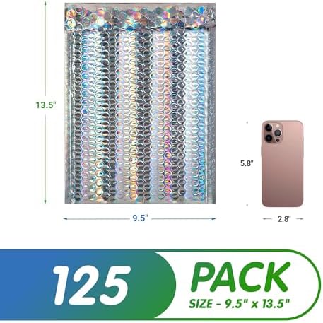 Metallic Bubble Mailers 9.5 x 13.5 Inch Holographic, Self Seal Closure, 3/16 Inch Cushioning, Padded Shipping Envelopes Pack of 125 - Image 2