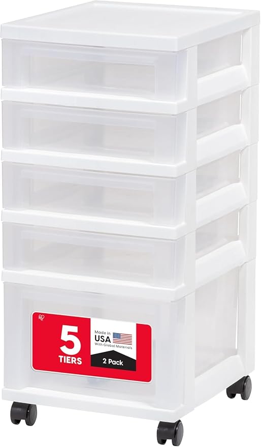 IRIS USA 5-Drawer Rolling Storage Cart with Organizer Top, White/Clear | Keep craft supplies, office essentials, classroom items, and accessories organized with easy-access drawers for daily use by IRISUSA