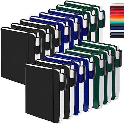 feela 15 Pack Pocket Small Notebooks Bulk, Mini Cute Notepads Hardcover College Ruled Lined Journals with Pen Holder for School Business, with 15 Black Pens, 3.5”x 5.5”, A6, Black Navy Dark Green by feela