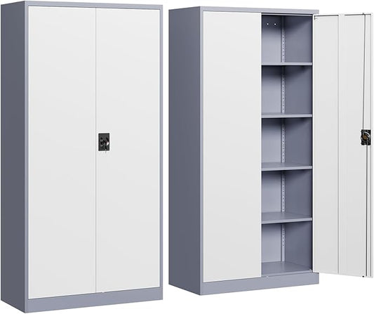 Yizosh Metal Garage Storage Cabinet with Lock, 72" Locking Tool Cabinet with 2 Doors and 4 Shelves for Garage,Office,School (Gray White)