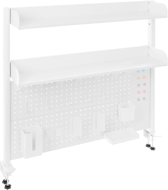 Clamp-On Pegboard Desk Organizer, 2-Tier Clamp On Desk Shelf with Hooks, Office Accessory Organizer for Books, Office Supplies & DIY Storage, 16.5lbs Capacity, 39.37" x 37.4", White - Image 6