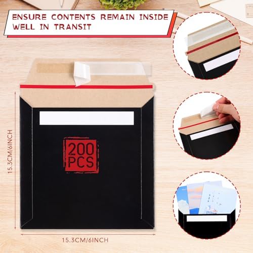Fainne 200 Pcs 6 x 6'' Rigid Mailers 400 GSM Keep Flat Cardboard Mailers Shipping Cardboard Envelopes Disc DVD CD Envelopes with Self Adhesive Flap and Tear off Strip for Mailing Photo (Black) - Image 2