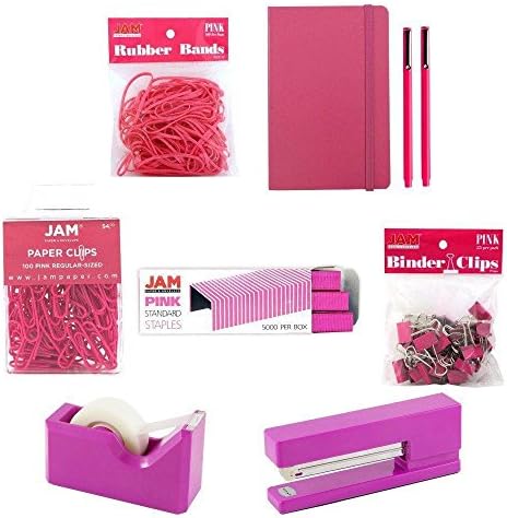 JAM PAPER Complete Desk Kit - Pink - Stapler, Tape Dispenser, Staples, Journal, Le Pens, Rubber Bands, Paper Clips & Binder Clips - 8/Pack by JAMPaper