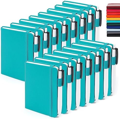 feela 15 Pack Pocket Small Notebooks Bulk, Mini Cute Notepads Hardcover College Ruled Lined Journals with Pen Holder for School Business Memos, with 15 Black Pens, 3.5”x 5.5”, A6, Emerald by feela