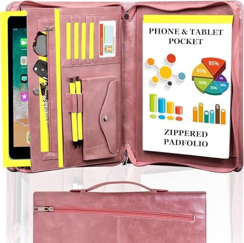 AZXCG Portfolio Binder, Pink Padfolio with Handle and Zipper,Leather Padfolio for Women,Professional Business Portfolio Organizer with A4 Notepad Holder for School,Work by AZXCG