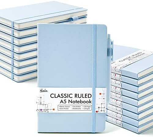 feela 18 Pack Journal Notebook for Work, Business Notebook Bulk Hardcover Lined Writing Journal with Pen Holder for Men Women Note Taking, with 18 Black Pens, 120 GSM, 5.1”x8.3”, A5, Light Blue by feela