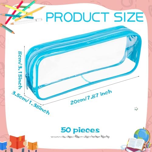 Fainne 50 Pcs Clear Pencil Pouch Bulk 7.87x1.38 Zipper Bag, Blue - Image 2