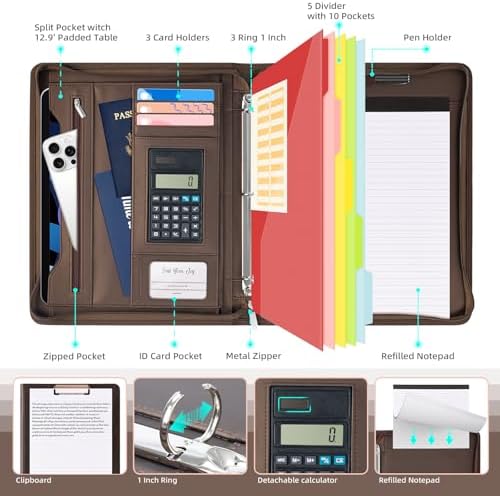 Ospelelf Zippered Portfolio Binder, Leather Clipboard Folder with Storage, 3 Ring Binder 1 Inch, 12.1” Tablet Sleeve, 5 Dividers with Pocket, Refillable Notepad, Card Slot (Brown) - Image 3