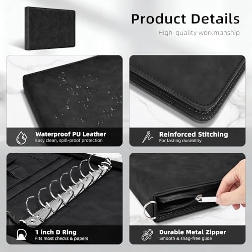Ospelelf Black Zippered 7 Ring Check Binder for Business Checks (9" x 13"), 1 Inch Faux Leather Checkbook Portfolio with Zipper Pouch, Professional Binder Organizer for Accountants, Home Use - Image 3