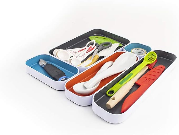 Three by Three Seattle Metal Drawer Organizer Tray Set, 5-Pc, 1" (Gray Mix) | Colorful 1" metal bins; food-safe; soft non-scratch base; kitchen, bathroom, vanity, desk & office drawers - Image 5