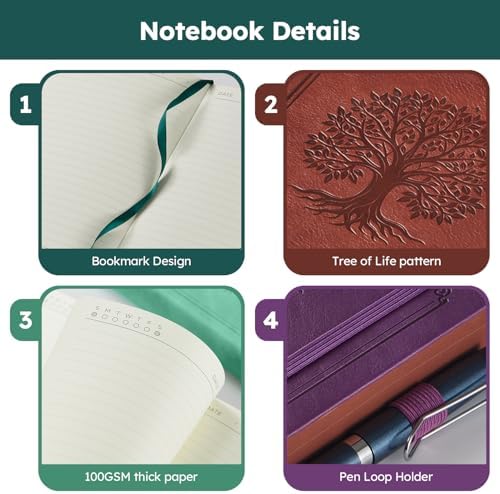 FOCUS DAY A5 Journal Notebook for Women Men, 320 Pages Lined Journaling Notebook with 100GSM Thick Paper, Hardcover Leather Note book for Work Writing Note Taking Diary, School, 5.7'' X 8.4'', Green - Image 3