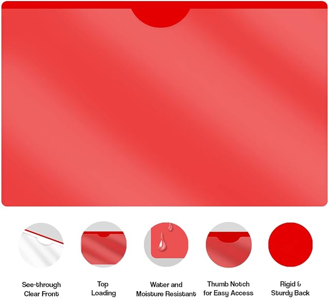 Doctor Stuff- 100 Pack, Vinyl Plastic Pocket File Folders Closed Sides, Legal Size, Clear Front Top Loading Job Jacket, Documents Holder for Office, High School and Medical Files, Red - Image 4