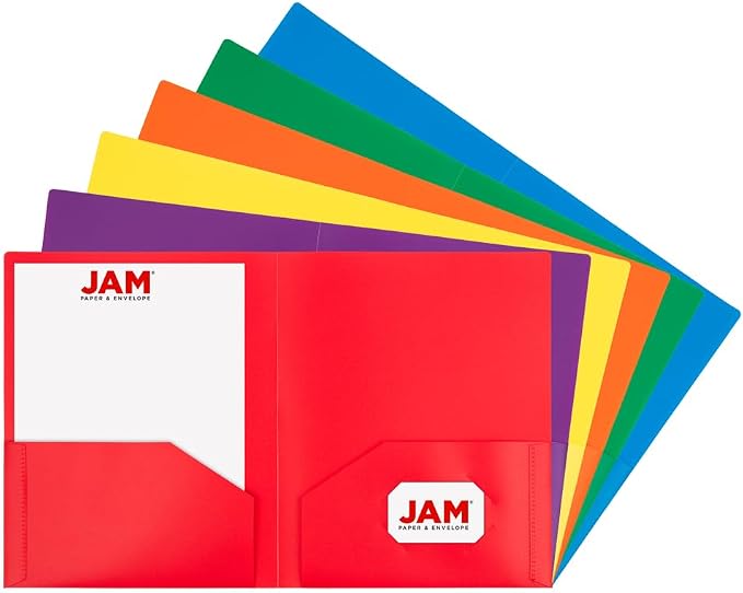 JAM PAPER Heavy Duty Plastic 2 Pocket Extra Tough School Folders - Assorted Primary Colors - Bulk 48 Folders/Box (8 Assorted Packs of 6) by JAMPaper