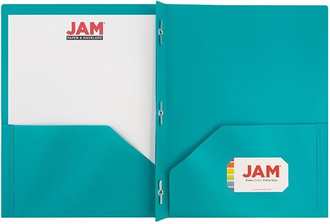 JAM PAPER Plastic 2 Pocket POP Folders - Durable School Folders with Metal Prongs Fastener Clasps - Teal Blue - 12/Pack - Image 5