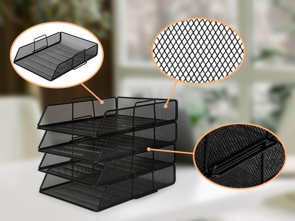 EXERZ Paper Sorter 4pcs Tier Stackable A4 Desk Organiser Letter Tray Black | Durable Metal Mesh Holds Papers Files Folders Notebooks And Magazines For Office Home Study Classroom Desks - Image 6