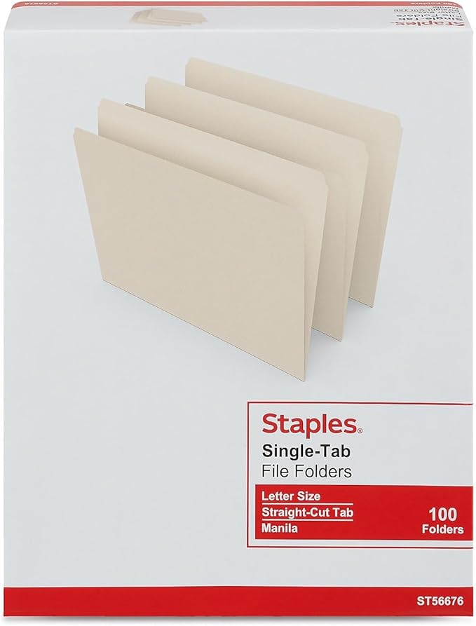 Staples Single‑Tab File Folders, Letter Size, Manila, Durable Paper Stock, 100/Box - Image 3