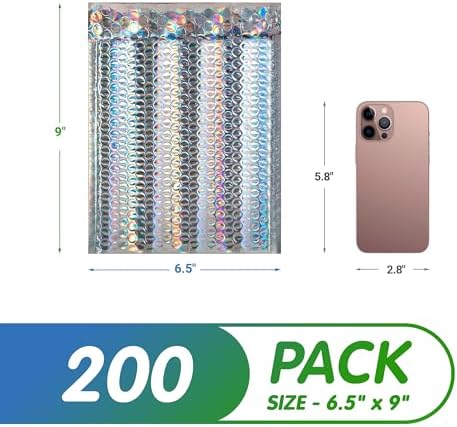 Metallic Bubble Mailers 6.5 x 9 Inch Holographic, Self Seal Closure, 3/16 Inch Cushioning, Padded Shipping Envelopes Pack of 200 - Image 2