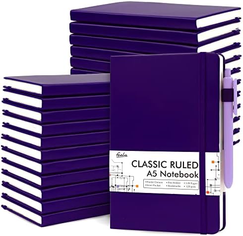 feela 24 Pack Journal Notebook Bulk for Work, Business Notebook Hardcover Lined Writing Journal with Pen Holder for Men Women Note Taking, with 24 Black Pens, 120 GSM, 5.1”x8.3”, A5, Purple by feela